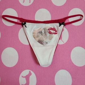 VTG VS PINK Graphic Cotton Lace Back Extra Low Rise V-string Thong Panty Size Sm